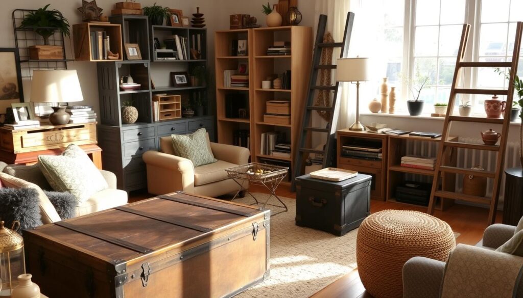 Repurposed furniture for living room storage